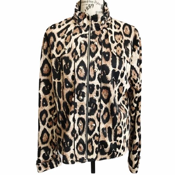 Lisa International Animal Print Mandarin Collar Zip Up Jacket Size Large - Picture 1 of 8